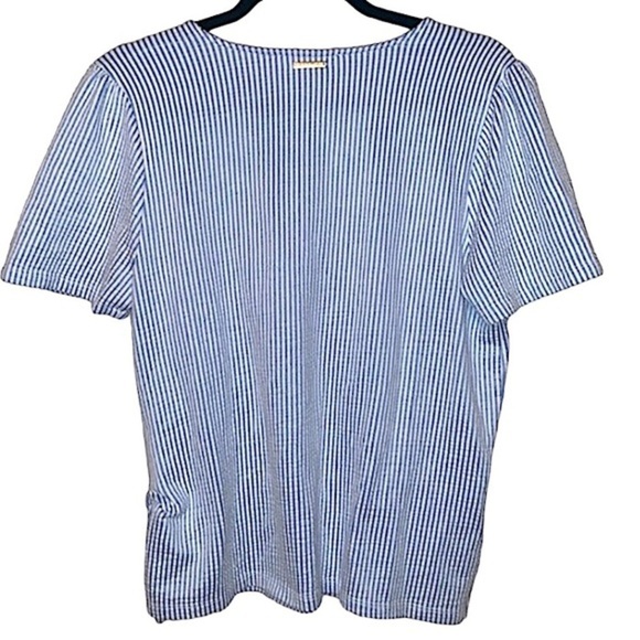 Michael Kors Wrap Top Ladies Size Medium Blue and White Short Sleeve V Neck Top - Picture 5 of 9